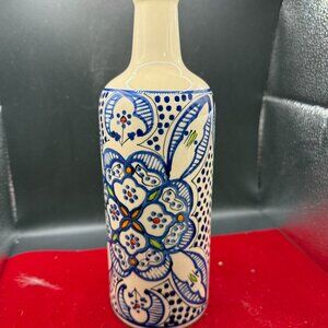 Tunis white and blue ceramic olive oil dispenser bottle or vase.